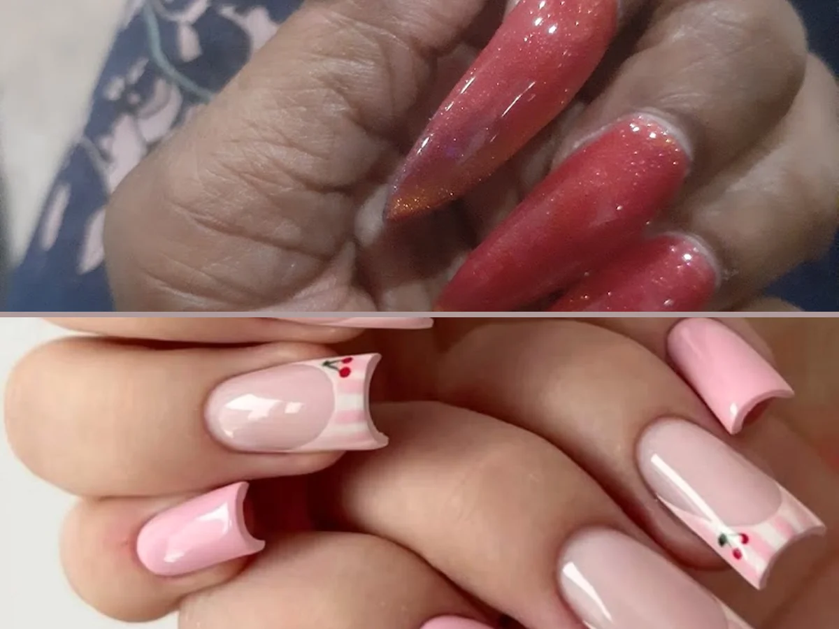 Close view of manicured nails and hands.